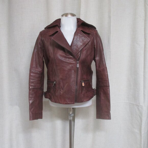 * SALE * VELEZ burgundy maroon leather hooded zipper buckle  Leather moto jacket - Picture 1 of 9